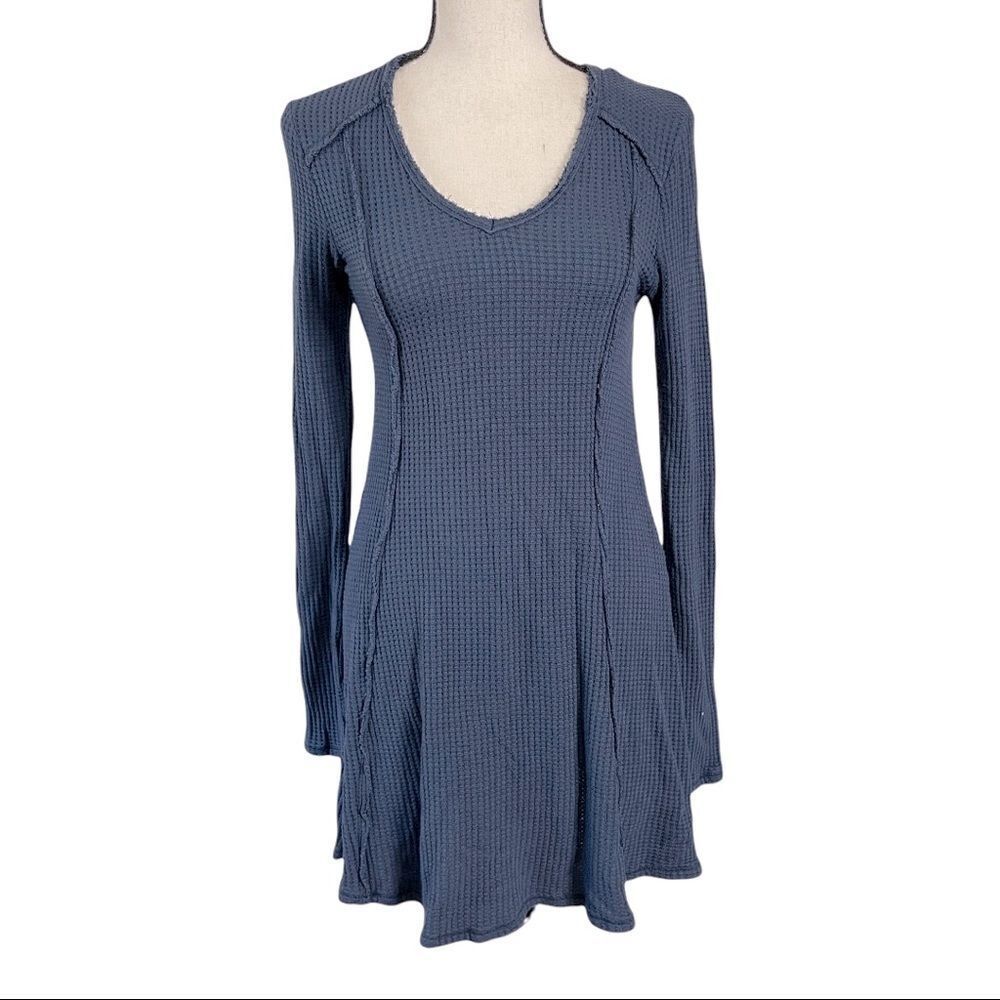Others Follow Dusty Blue V-Neck Waffle‎ Knit Dress - Small